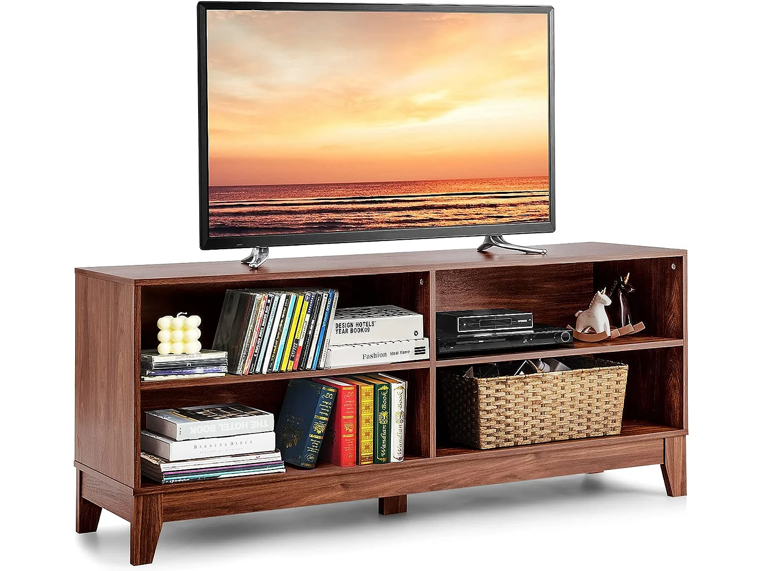 Meuble tv/banc tv 147 x 40 x 61 cm, support télévision avec 4 étagères de rangement ouvertes