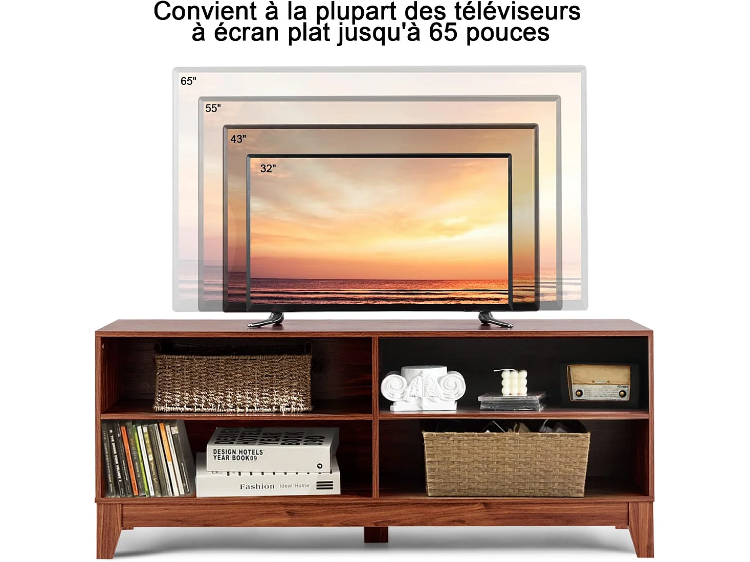 Meuble tv/banc tv 147 x 40 x 61 cm, support télévision avec 4 étagères de rangement ouvertes