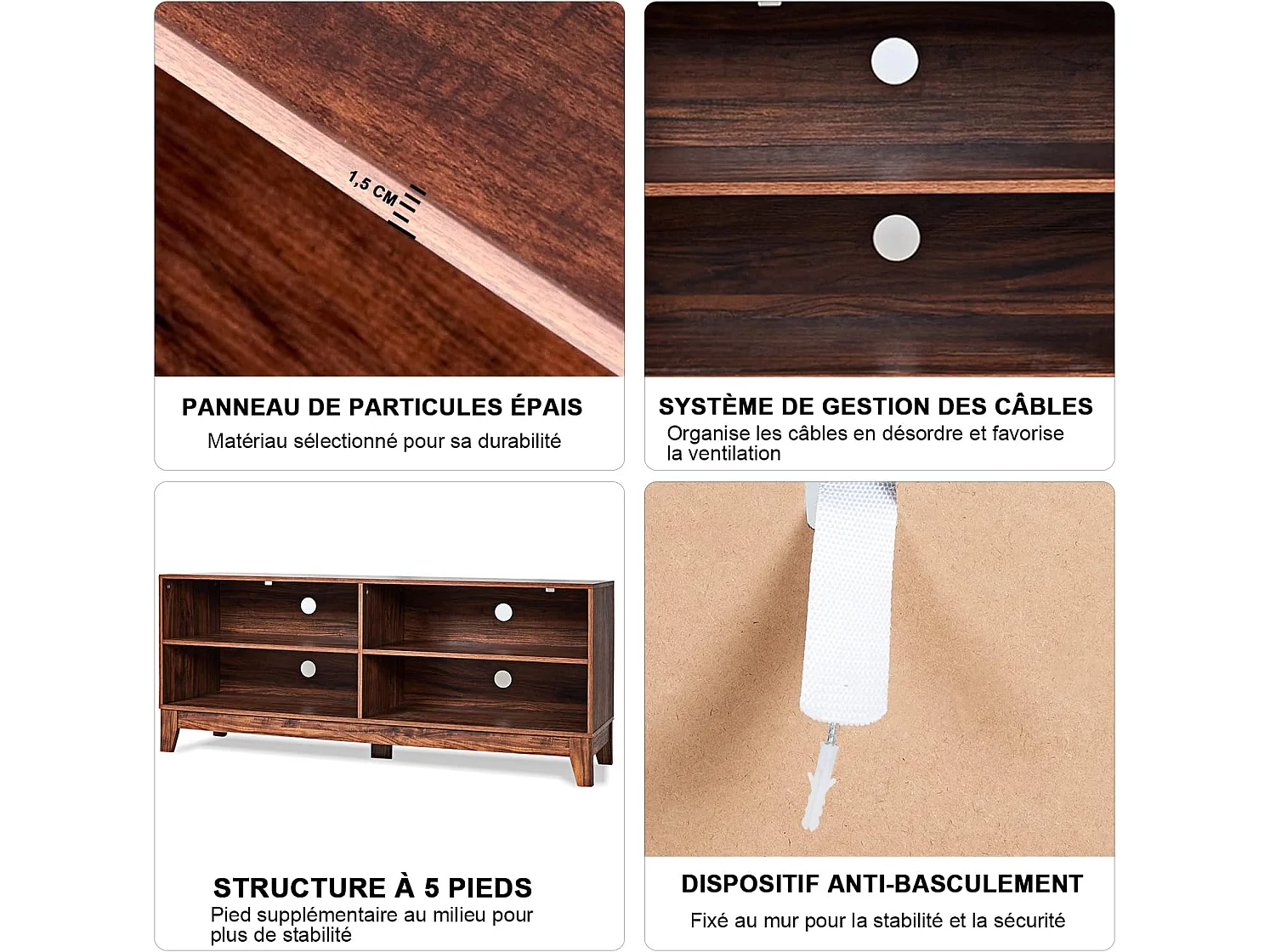 Meuble tv/banc tv 147 x 40 x 61 cm, support télévision avec 4 étagères de rangement ouvertes