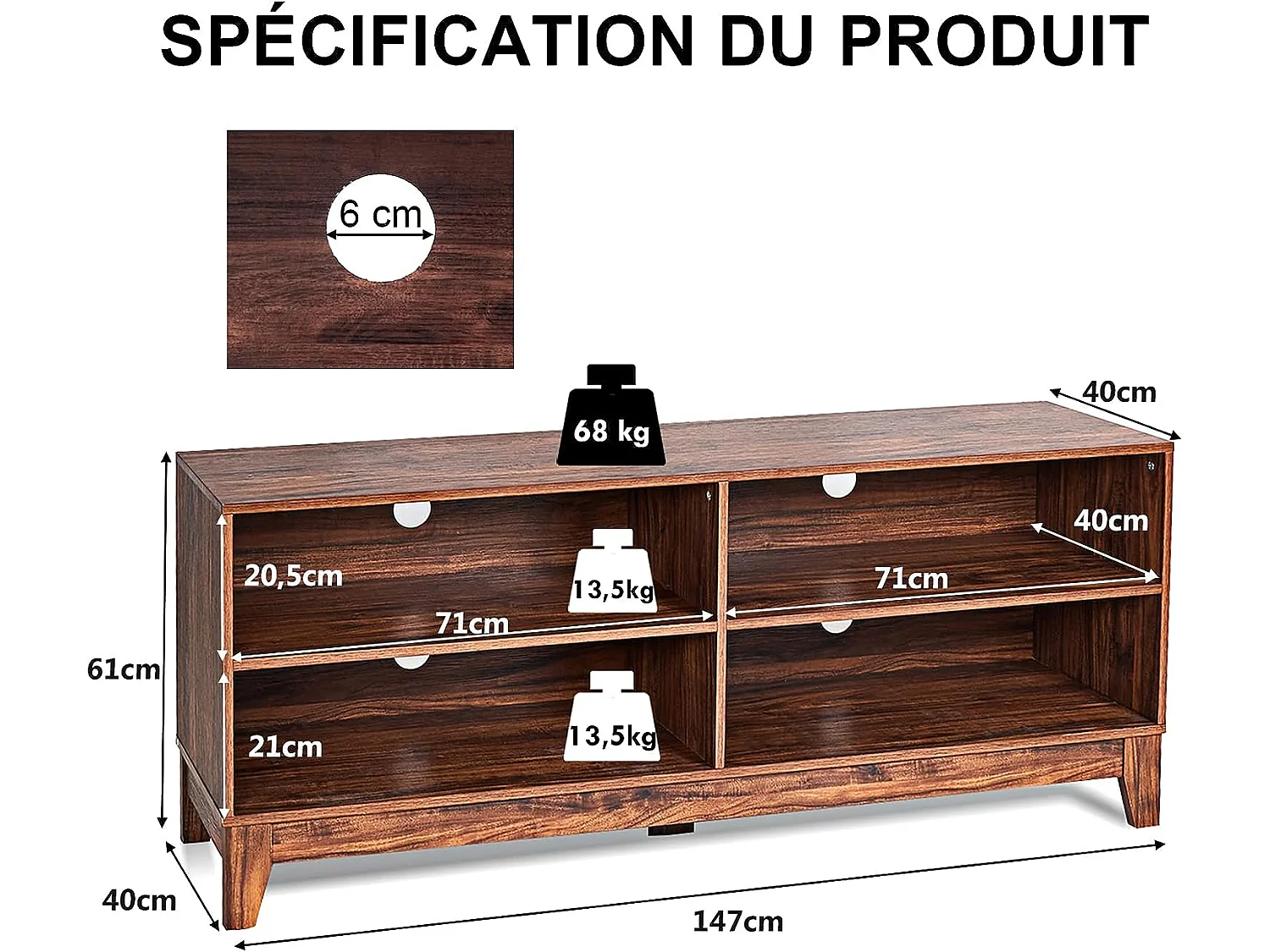 Meuble tv/banc tv 147 x 40 x 61 cm, support télévision avec 4 étagères de rangement ouvertes