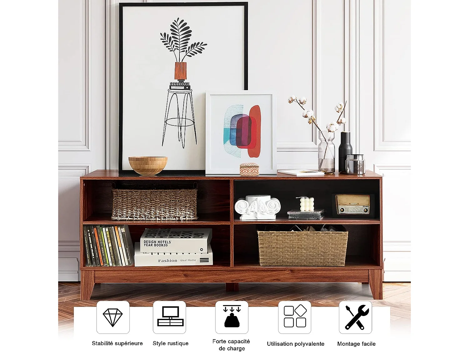 Meuble tv/banc tv 147 x 40 x 61 cm, support télévision avec 4 étagères de rangement ouvertes