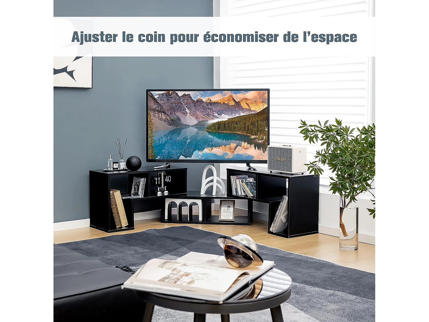 Meuble TV Moderne Combination Libre 3 Pièces, Étagère Multi-Fonctionnelle, pour Télévision Jusqu’à 49 Pouces, pour Salon Chambre et Bureau, en MDF, 135x30x43cm, Noir