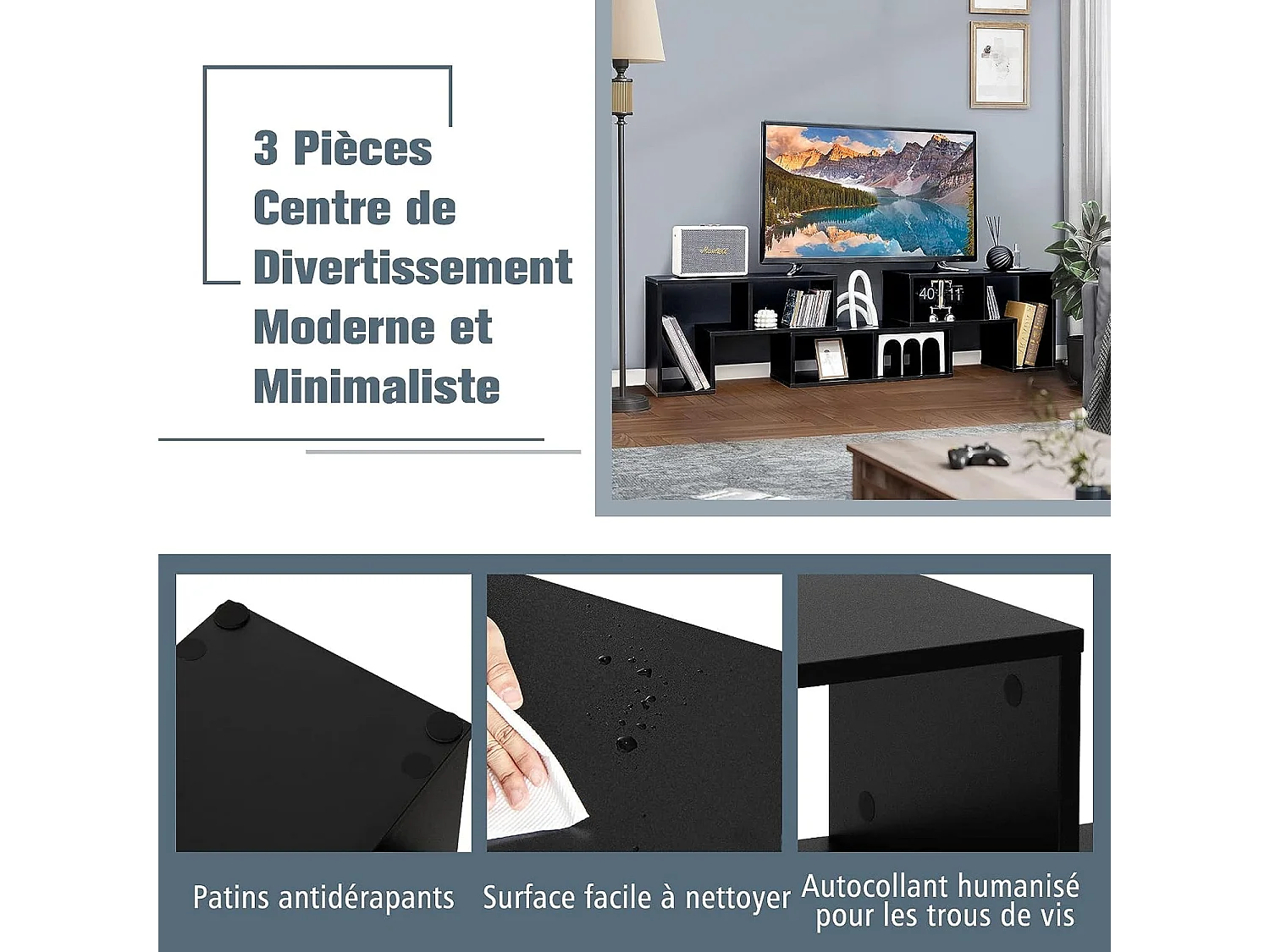 Meuble TV Moderne Combination Libre 3 Pièces, Étagère Multi-Fonctionnelle, pour Télévision Jusqu’à 49 Pouces, pour Salon Chambre et Bureau, en MDF, 135x30x43cm, Noir