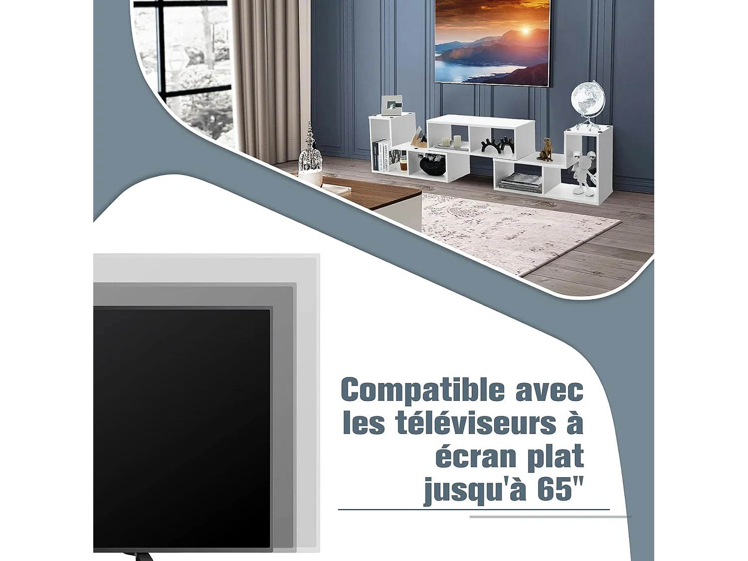 Meuble TV Moderne Combination Libre 3 Pièces, Étagère Multi-Fonctionnelle, pour Télévision Jusqu’à 49 Pouces, pour Salon Chambre et Bureau, en MDF, 135x30x43cm, Noir
