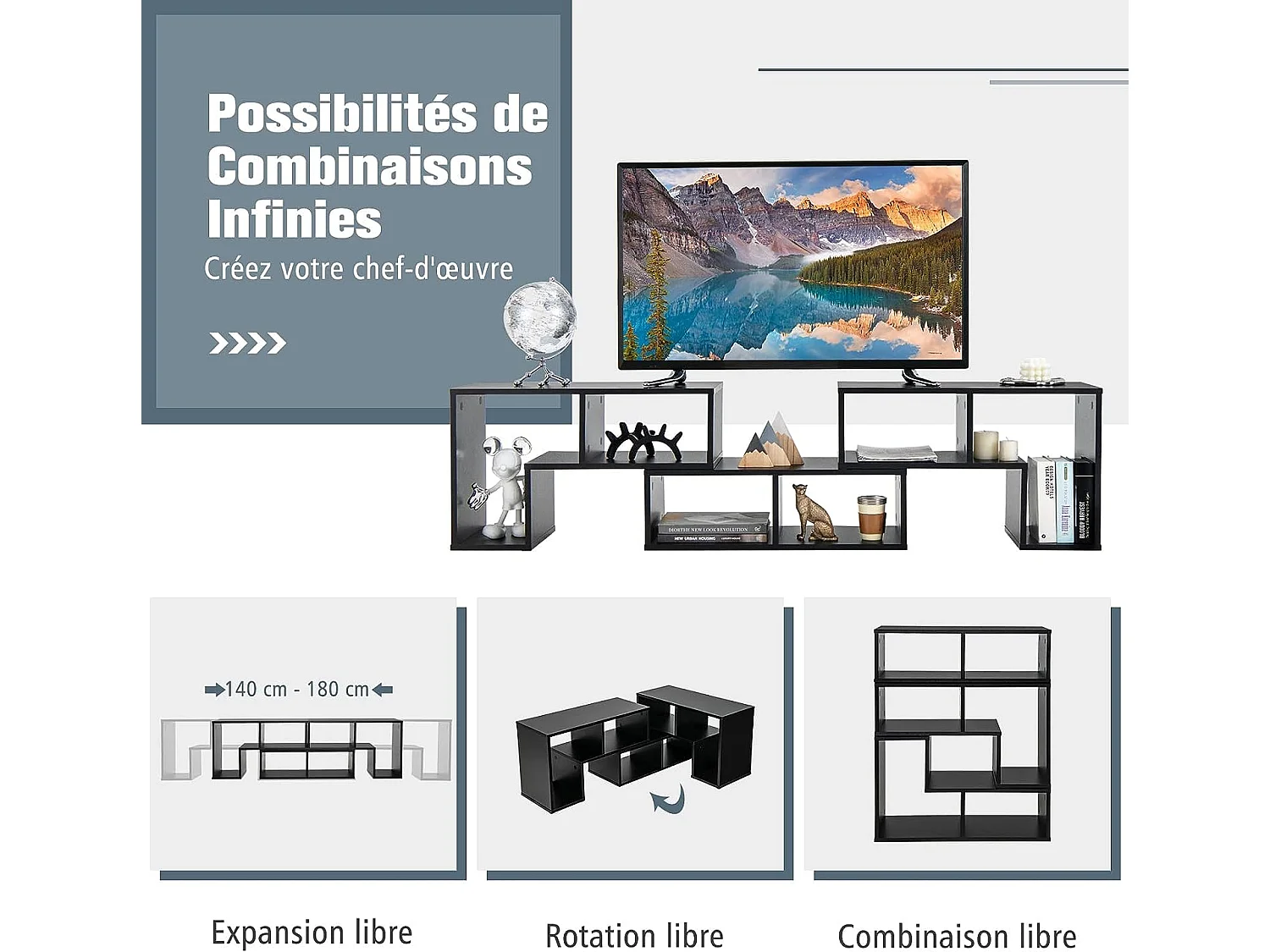 Meuble TV Moderne Combination Libre 3 Pièces, Étagère Multi-Fonctionnelle, pour Télévision Jusqu’à 49 Pouces, pour Salon Chambre et Bureau, en MDF, 135x30x43cm, Noir