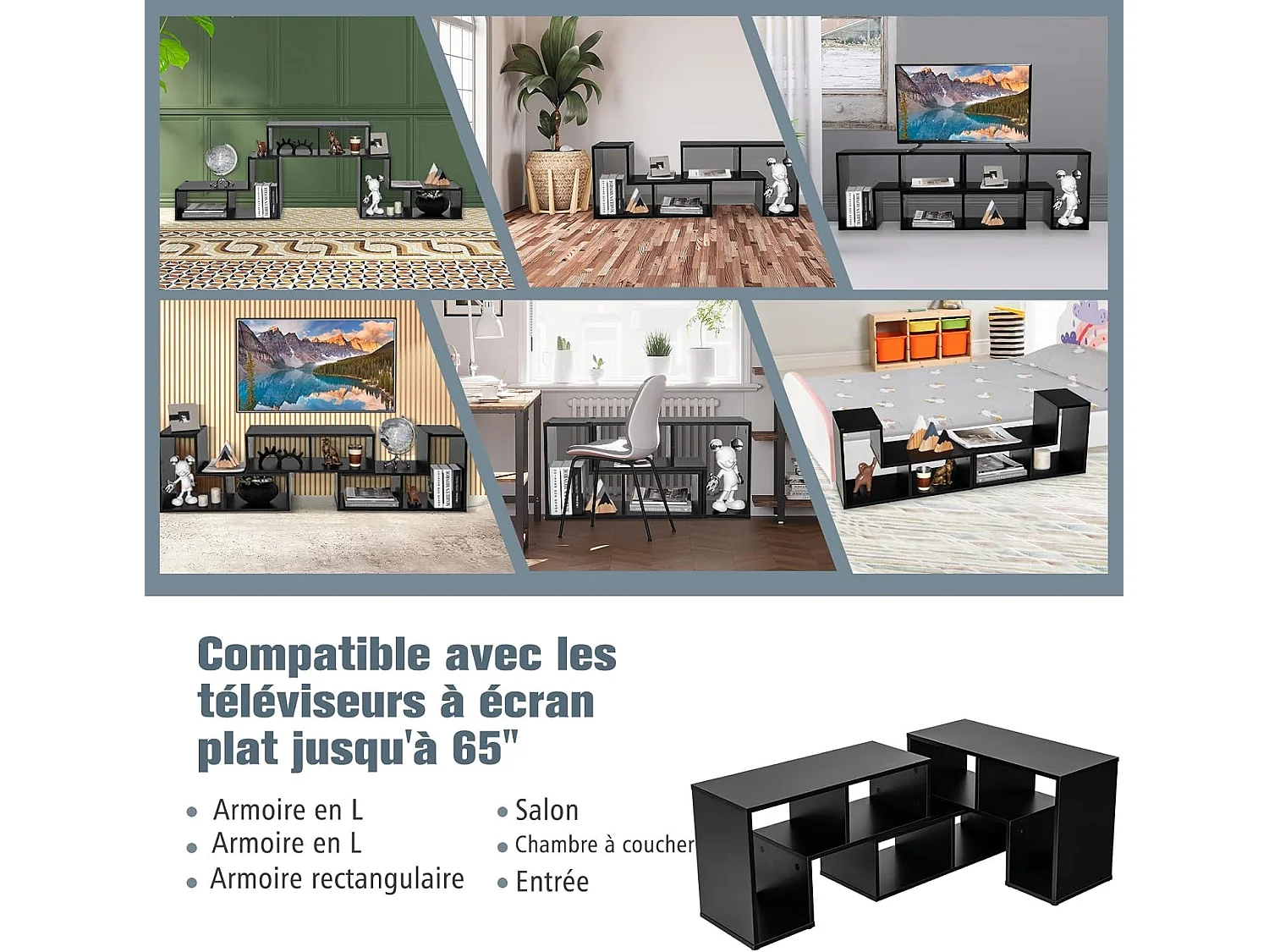 Meuble TV Moderne Combination Libre 3 Pièces, Étagère Multi-Fonctionnelle, pour Télévision Jusqu’à 49 Pouces, pour Salon Chambre et Bureau, en MDF, 135x30x43cm, Noir