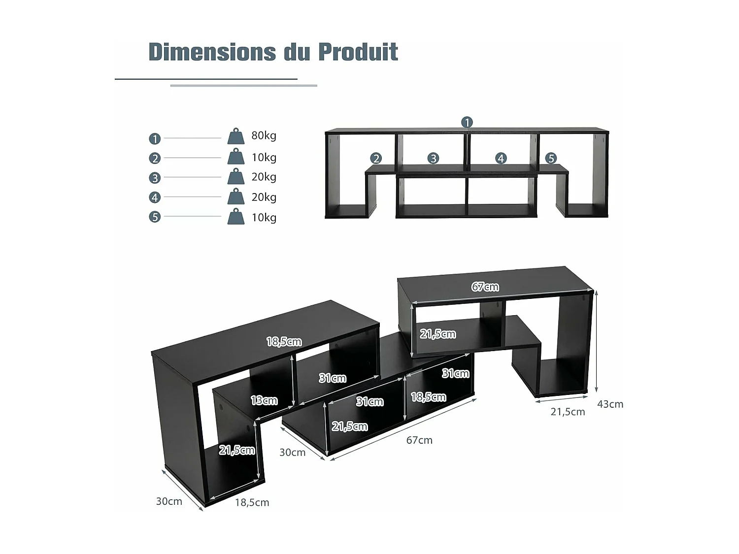 Meuble TV Moderne Combination Libre 3 Pièces, Étagère Multi-Fonctionnelle, pour Télévision Jusqu’à 49 Pouces, pour Salon Chambre et Bureau, en MDF, 135x30x43cm, Noir