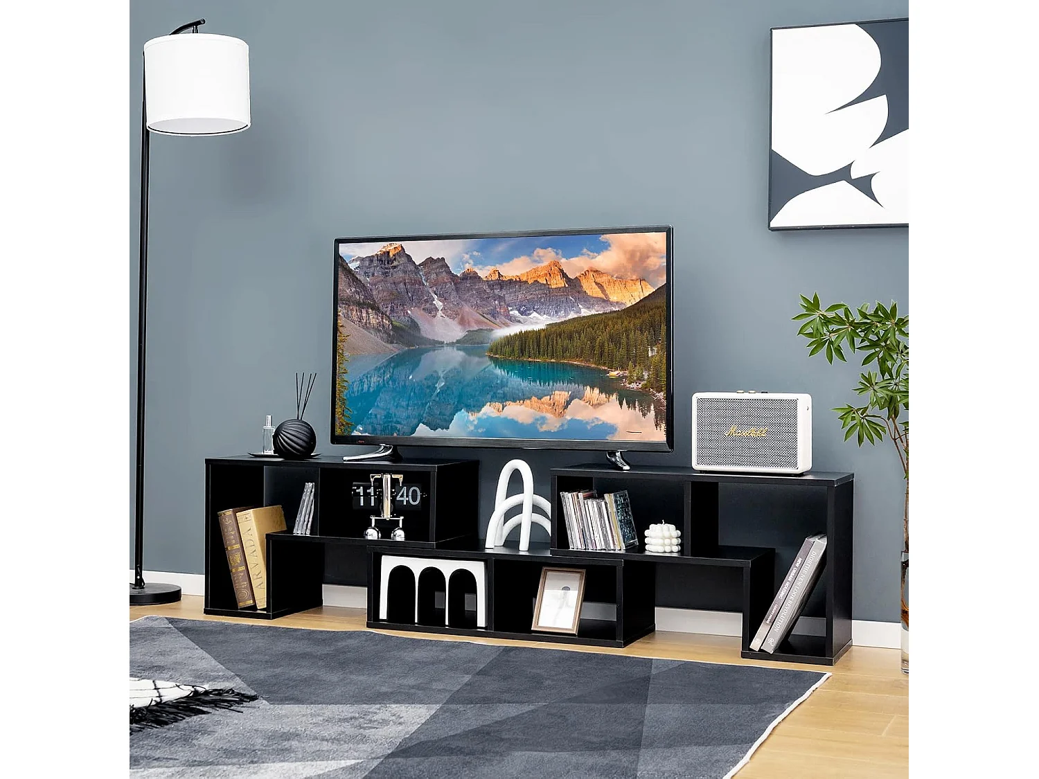Meuble TV Moderne Combination Libre 3 Pièces, Étagère Multi-Fonctionnelle, pour Télévision Jusqu’à 49 Pouces, pour Salon Chambre et Bureau, en MDF, 135x30x43cm, Noir