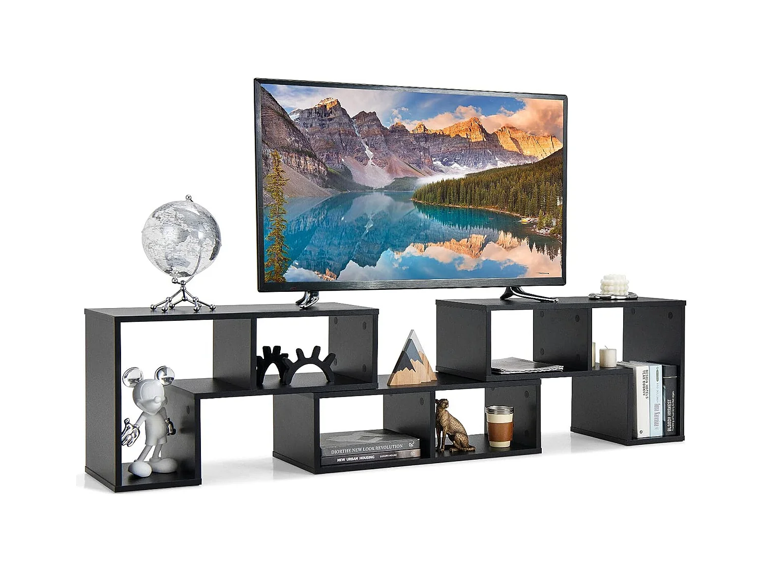 Meuble TV Moderne Combination Libre 3 Pièces, Étagère Multi-Fonctionnelle, pour Télévision Jusqu’à 49 Pouces, pour Salon Chambre et Bureau, en MDF, 135x30x43cm, Noir