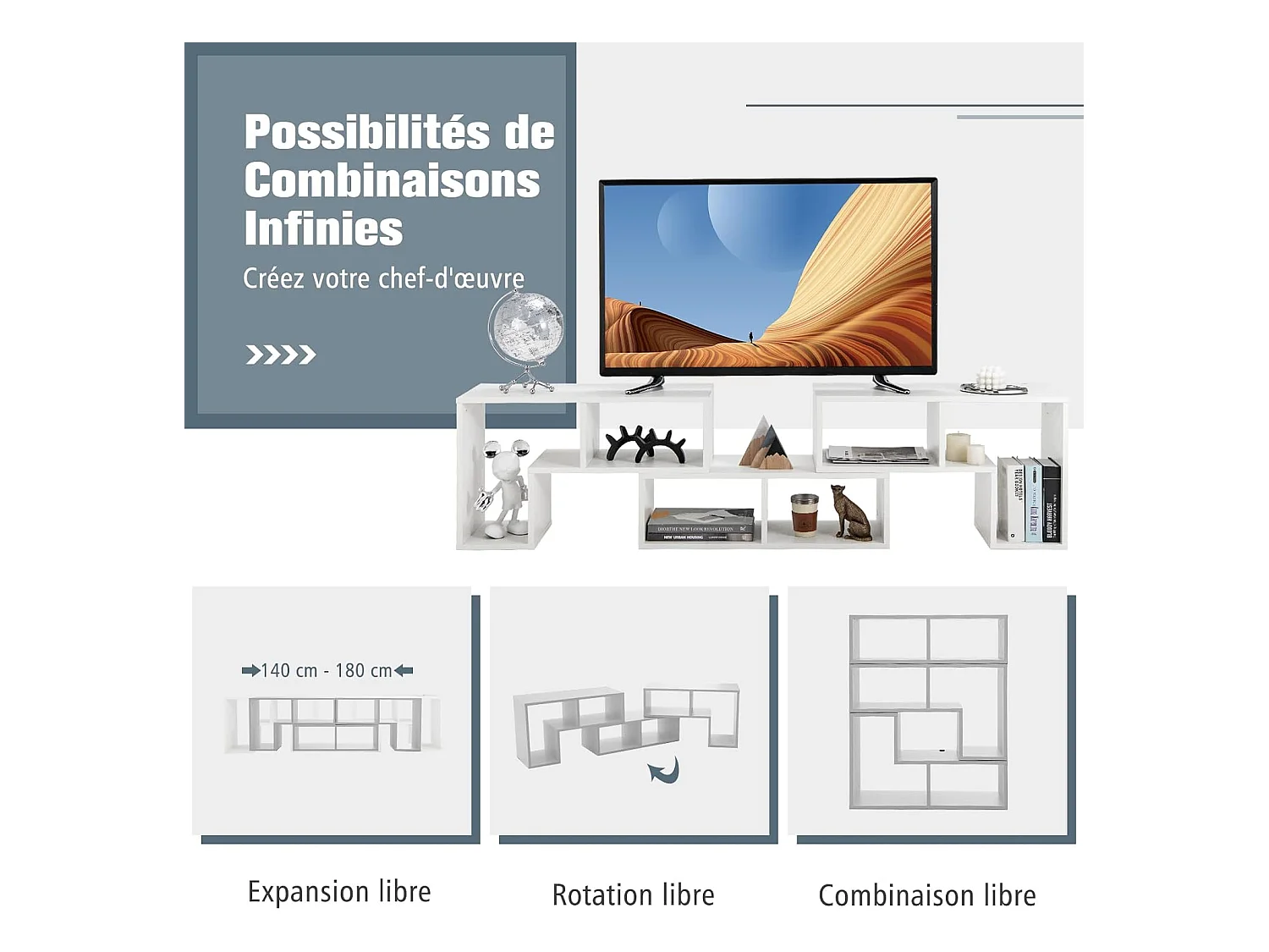 Meuble TV Moderne, Combination Libre 3 Pièces Étagère Multi-Fonctionnelle, pour Télévision Jusqu’à 49 Pouces, en MDF, 137x30x43cm, Blanc