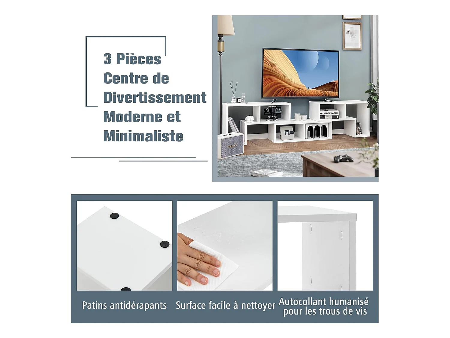 Meuble TV Moderne, Combination Libre 3 Pièces Étagère Multi-Fonctionnelle, pour Télévision Jusqu’à 49 Pouces, en MDF, 137x30x43cm, Blanc