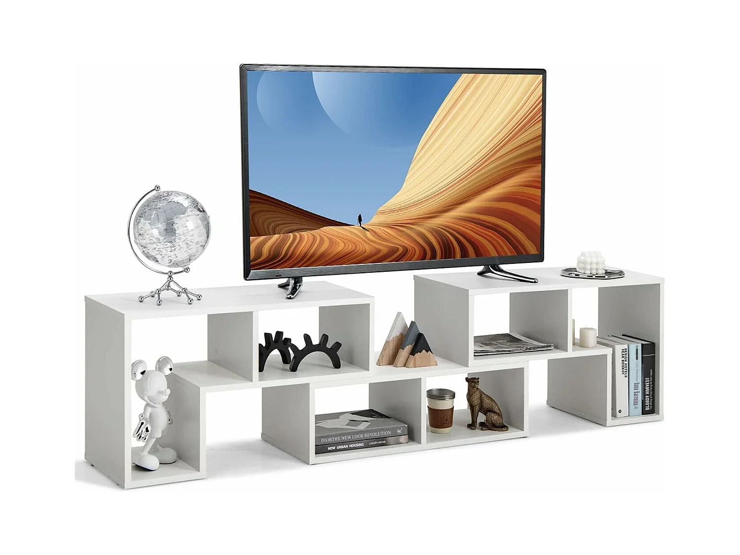 Meuble TV Moderne, Combination Libre 3 Pièces Étagère Multi-Fonctionnelle, pour Télévision Jusqu’à 49 Pouces, en MDF, 137x30x43cm, Blanc