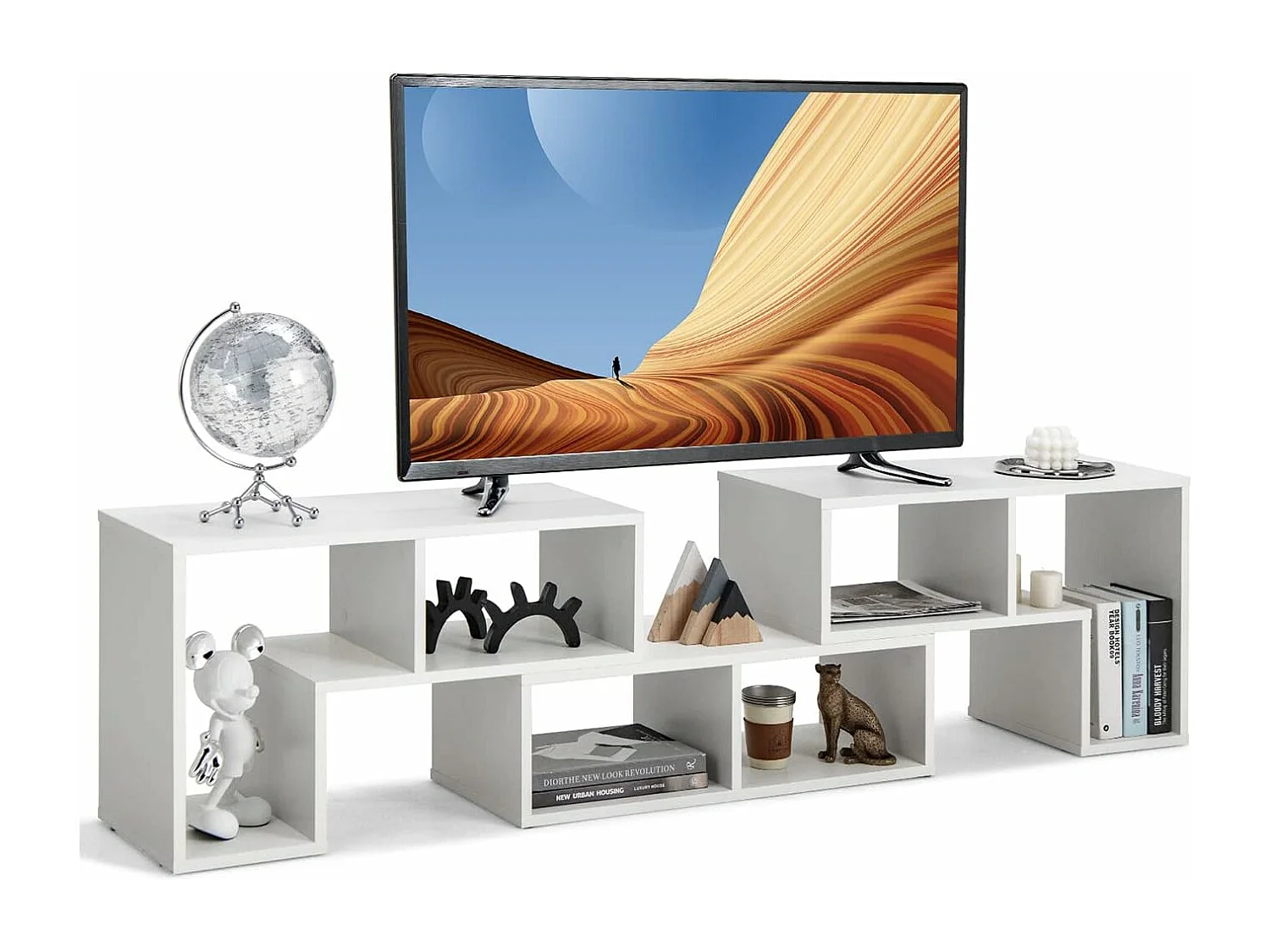 Meuble TV Moderne, Combination Libre 3 Pièces Étagère Multi-Fonctionnelle, pour Télévision Jusqu’à 49 Pouces, en MDF, 137x30x43cm, Blanc
