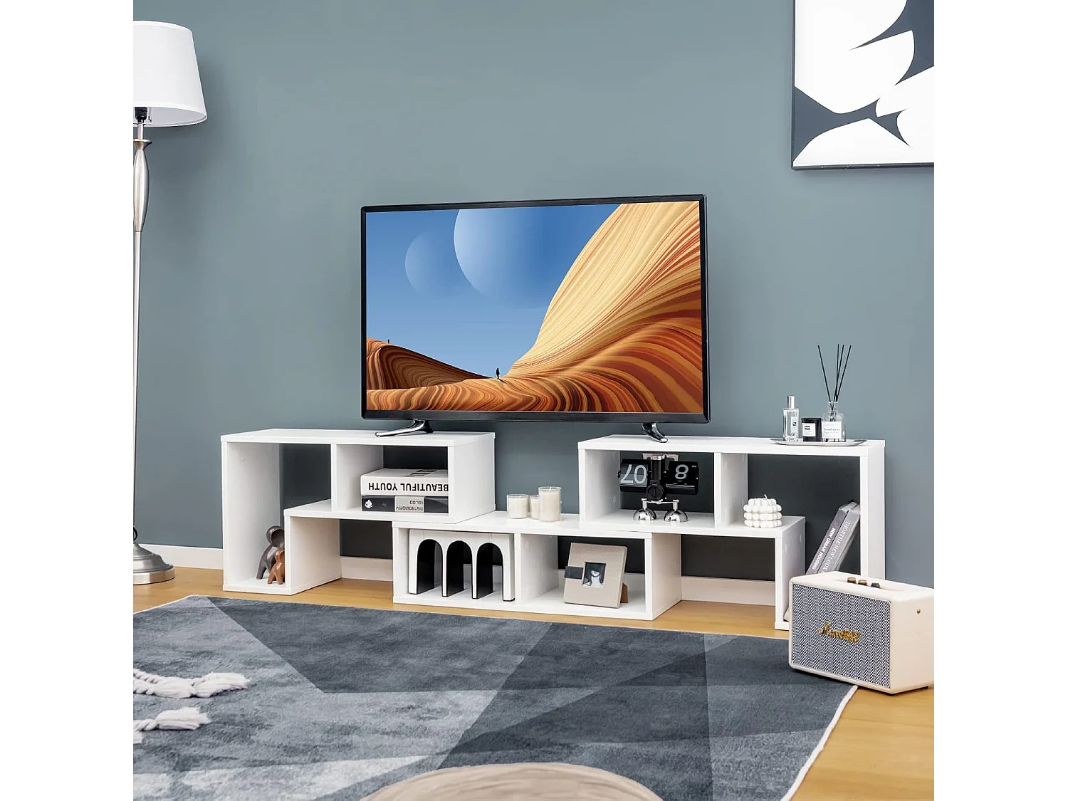 Meuble TV Moderne, Combination Libre 3 Pièces Étagère Multi-Fonctionnelle, pour Télévision Jusqu’à 49 Pouces, en MDF, 137x30x43cm, Blanc