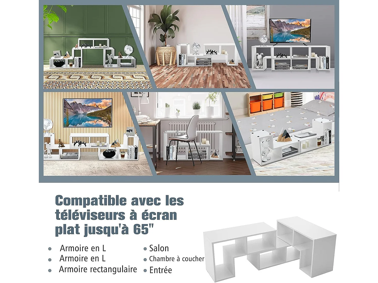 Meuble TV Moderne, Combination Libre 3 Pièces Étagère Multi-Fonctionnelle, pour Télévision Jusqu’à 49 Pouces, en MDF, 137x30x43cm, Blanc