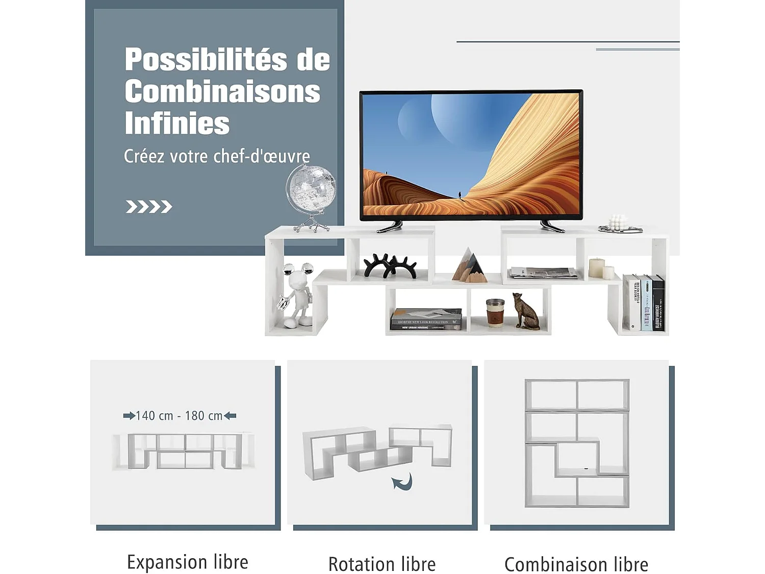 Meuble TV Moderne, Combination Libre 3 Pièces Étagère Multi-Fonctionnelle, pour Télévision Jusqu’à 49 Pouces, en MDF, 137x30x43cm, Blanc