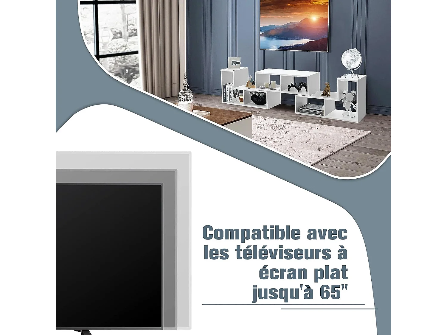 Meuble TV Moderne, Combination Libre 3 Pièces Étagère Multi-Fonctionnelle, pour Télévision Jusqu’à 49 Pouces, en MDF, 137x30x43cm, Blanc