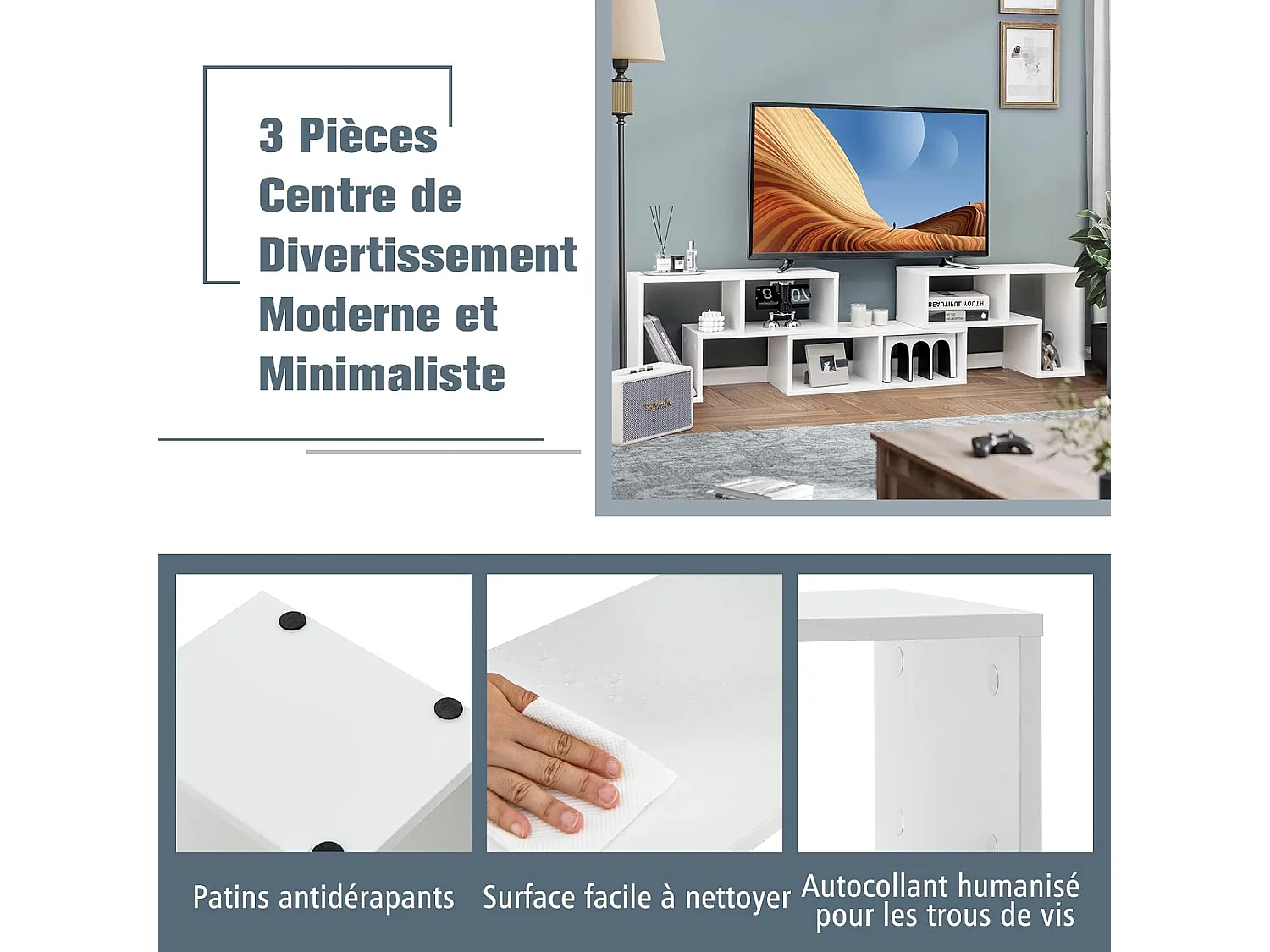 Meuble TV Moderne, Combination Libre 3 Pièces Étagère Multi-Fonctionnelle, pour Télévision Jusqu’à 49 Pouces, en MDF, 137x30x43cm, Blanc