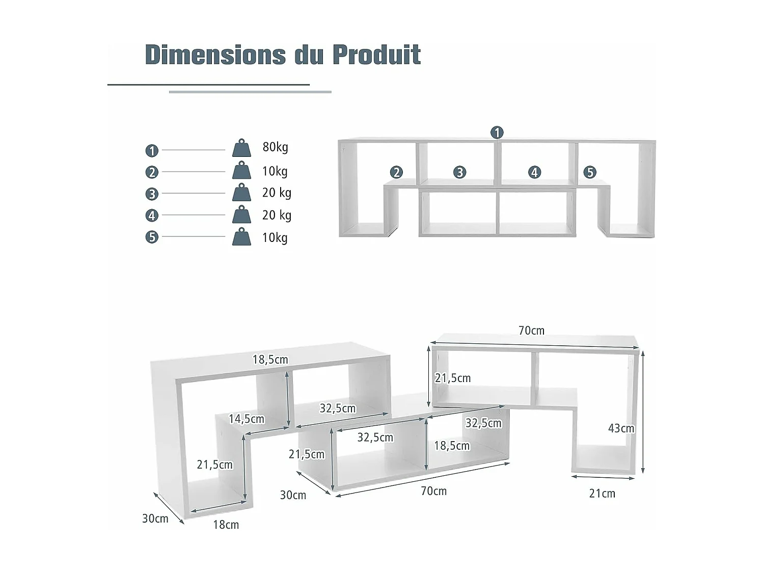 Meuble TV Moderne, Combination Libre 3 Pièces Étagère Multi-Fonctionnelle, pour Télévision Jusqu’à 49 Pouces, en MDF, 137x30x43cm, Blanc