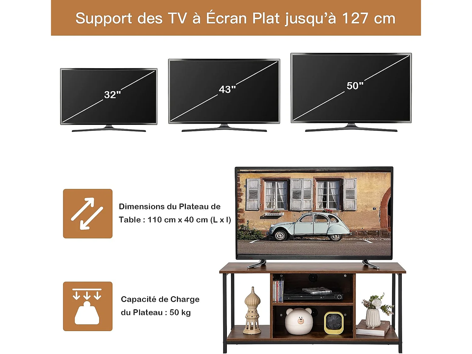 Meuble tv support de télévision jusqu'à 50 pouces ,110x40x49,5 cm