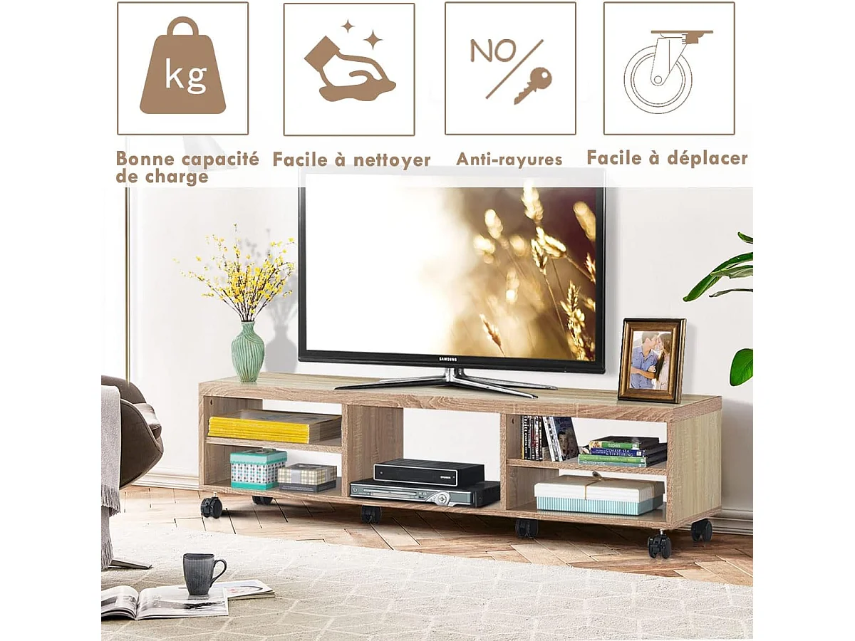 Meuble tv moderne avec roues verrouillables téléviseur jusqu'à 140 cm (55'')