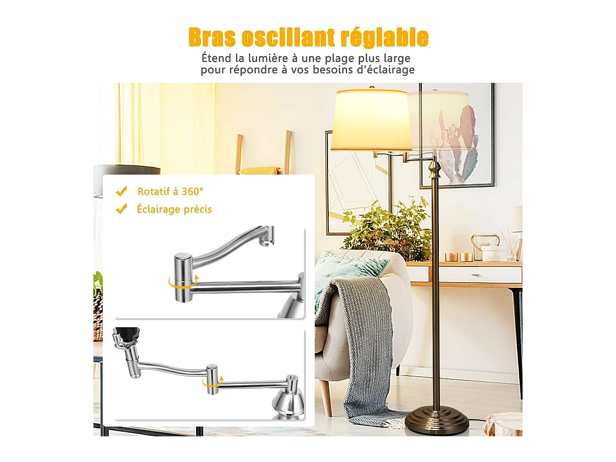 Lampadaire sur pied salon 152cm à bras oscillant 360° avec abat-jour pvc e27 socket