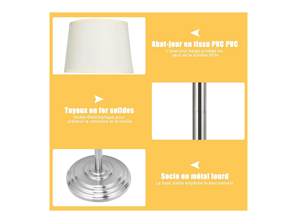 Lampadaire sur pied salon 152cm à bras oscillant 360° avec abat-jour pvc e27 socket