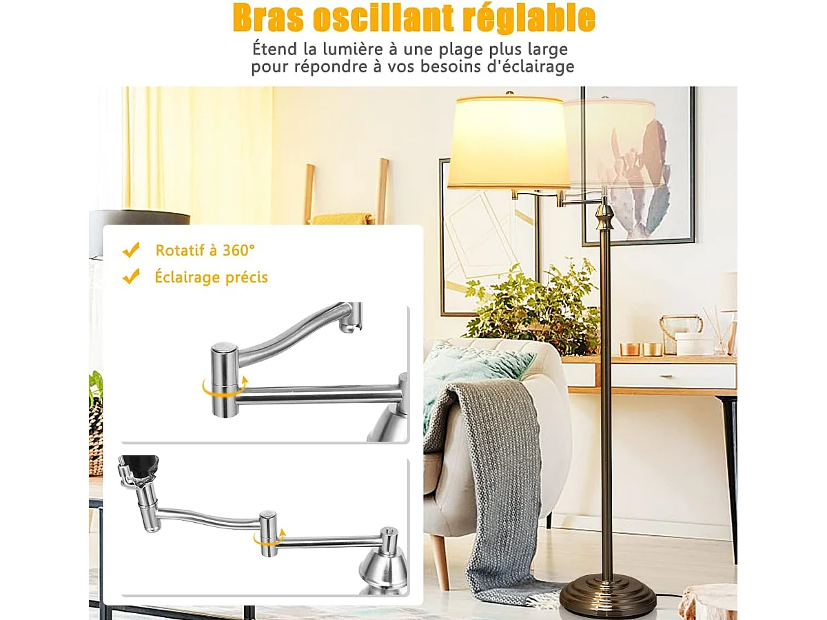 Lampadaire sur pied salon 152cm à bras oscillant 360° avec abat-jour pvc e27 socket