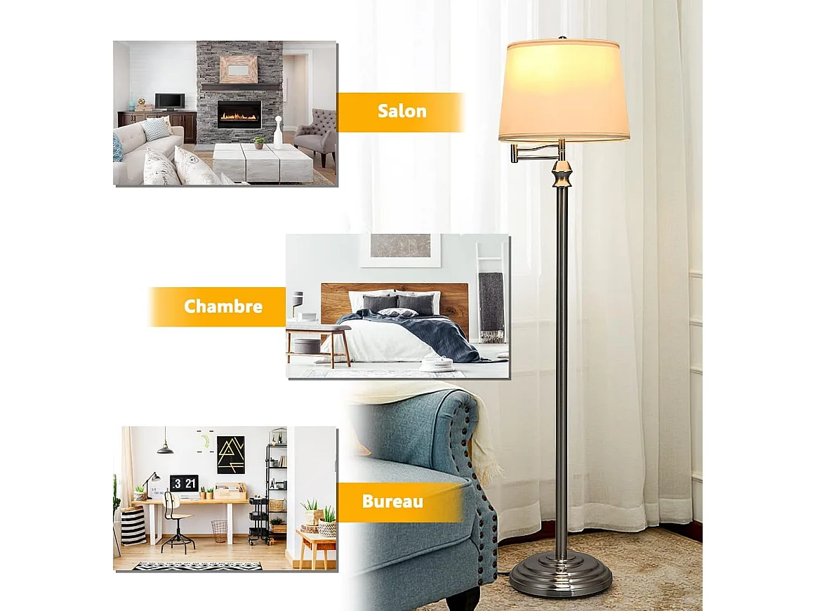 Lampadaire sur pied salon 152cm à bras oscillant 360° avec abat-jour pvc e27 socket