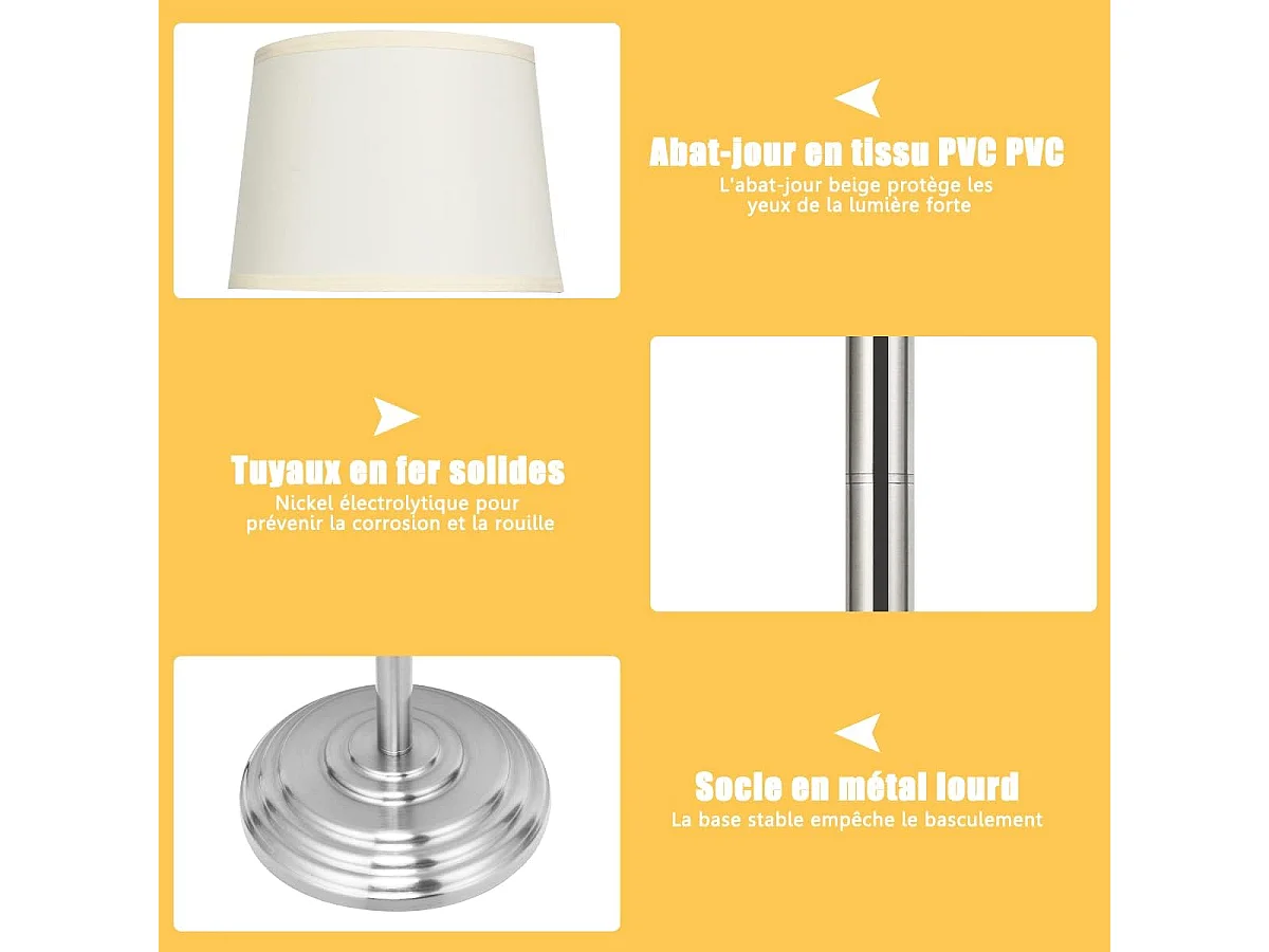 Lampadaire sur pied salon 152cm à bras oscillant 360° avec abat-jour pvc e27 socket