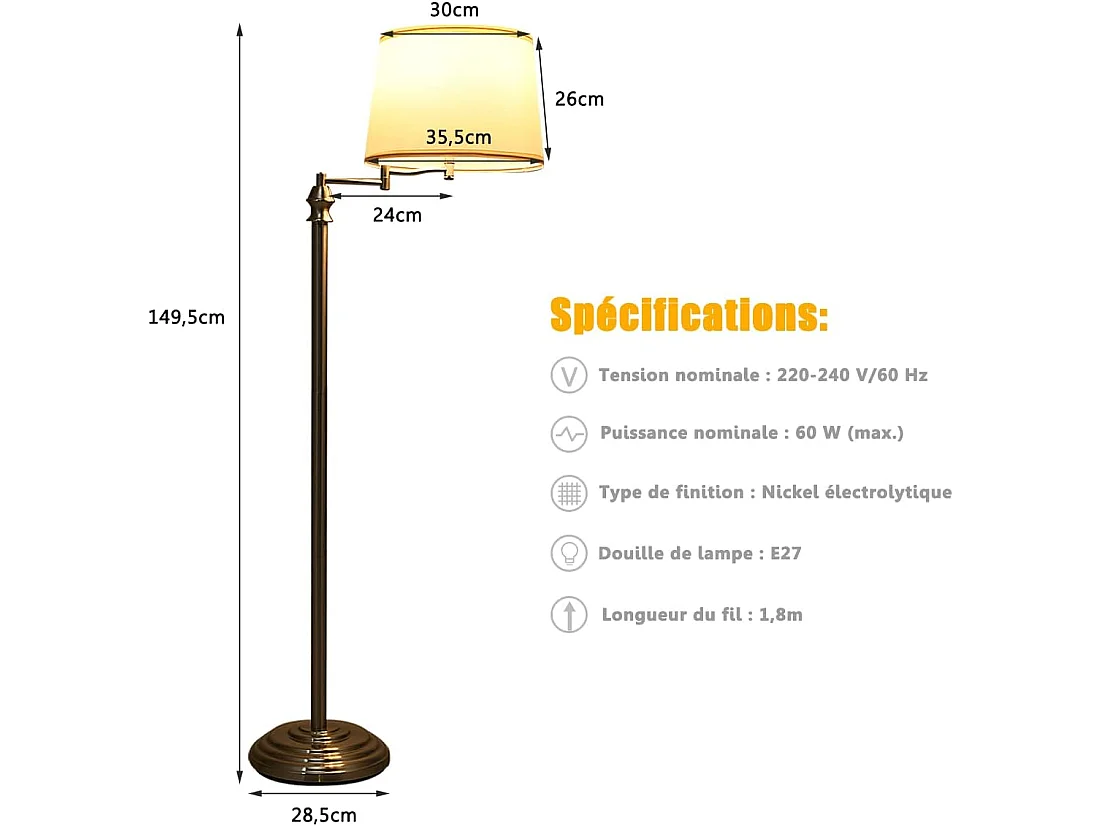Lampadaire sur pied salon 152cm à bras oscillant 360° avec abat-jour pvc e27 socket