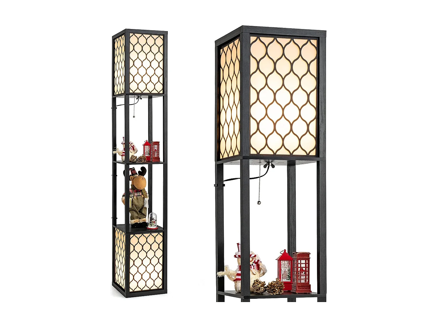 Lampadaire en bois 1,56m à 2 etagères de stockage design scandinave double interrupteur