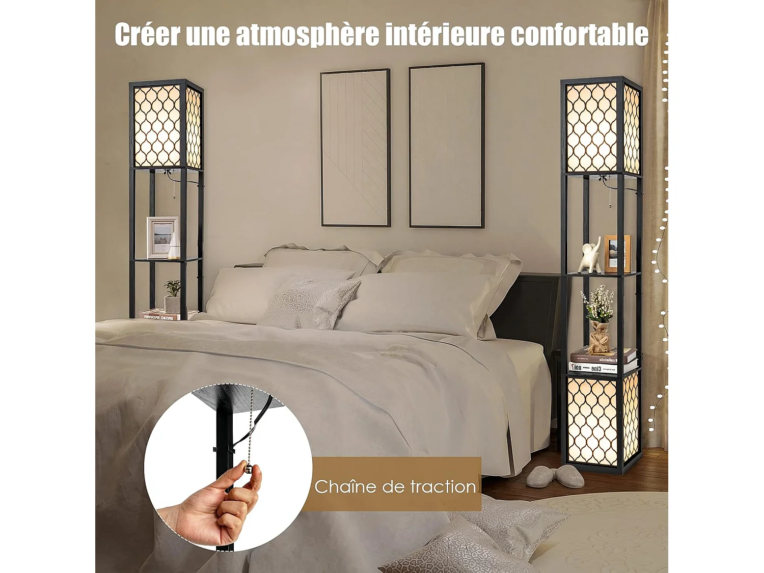 Lampadaire en bois 1,56m à 2 etagères de stockage design scandinave double interrupteur