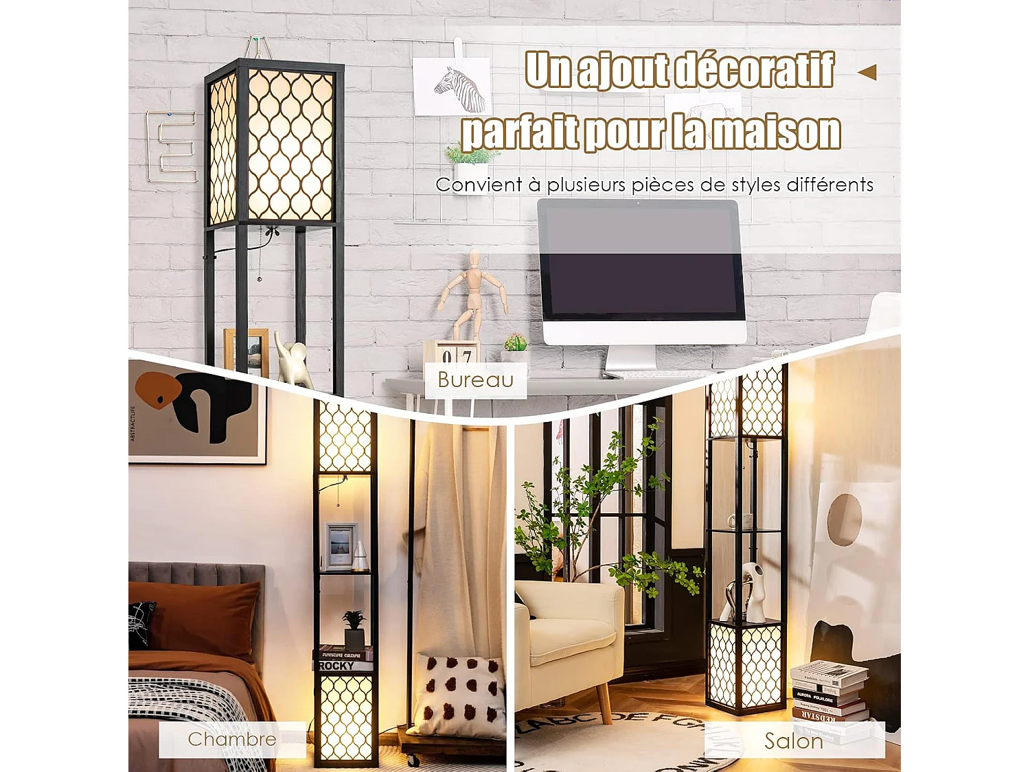 Lampadaire en bois 1,56m à 2 etagères de stockage design scandinave double interrupteur