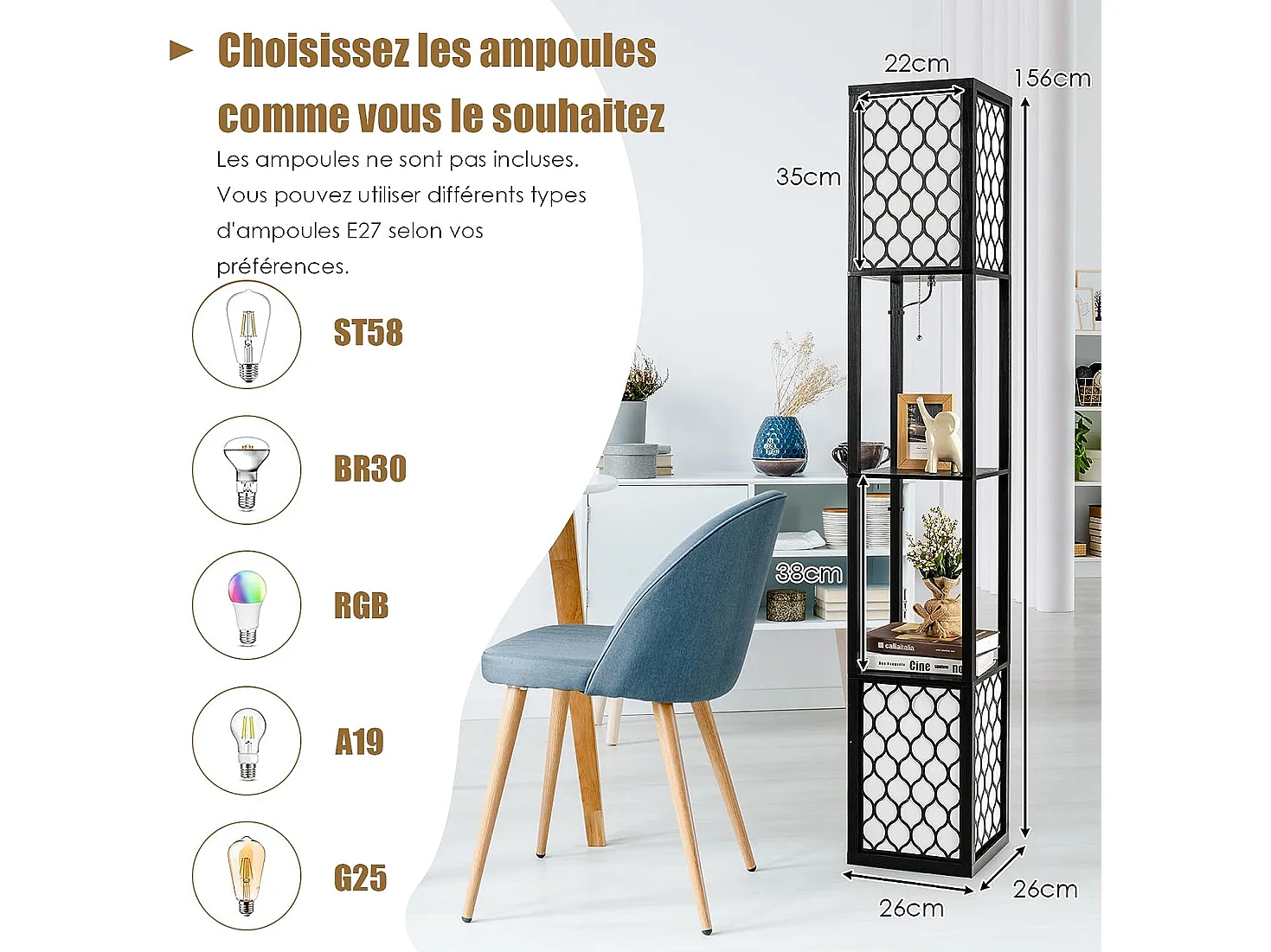 Lampadaire en bois 1,56m à 2 etagères de stockage design scandinave double interrupteur