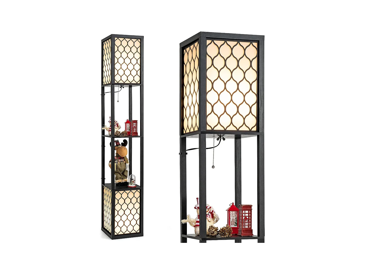 Lampadaire en bois 1,56m à 2 etagères de stockage design scandinave double interrupteur