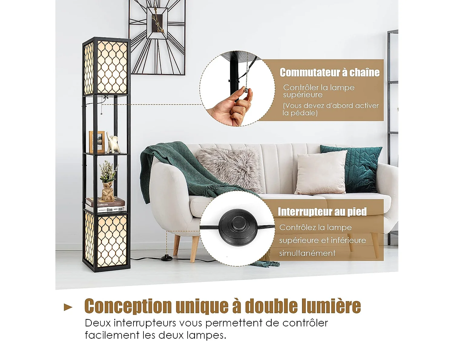 Lampadaire en bois 1,56m à 2 etagères de stockage design scandinave double interrupteur