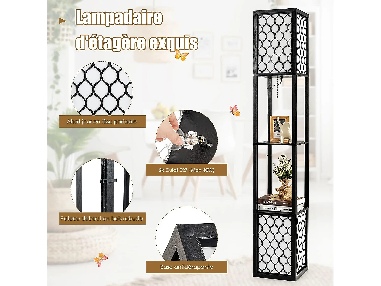 Lampadaire en bois 1,56m à 2 etagères de stockage design scandinave double interrupteur