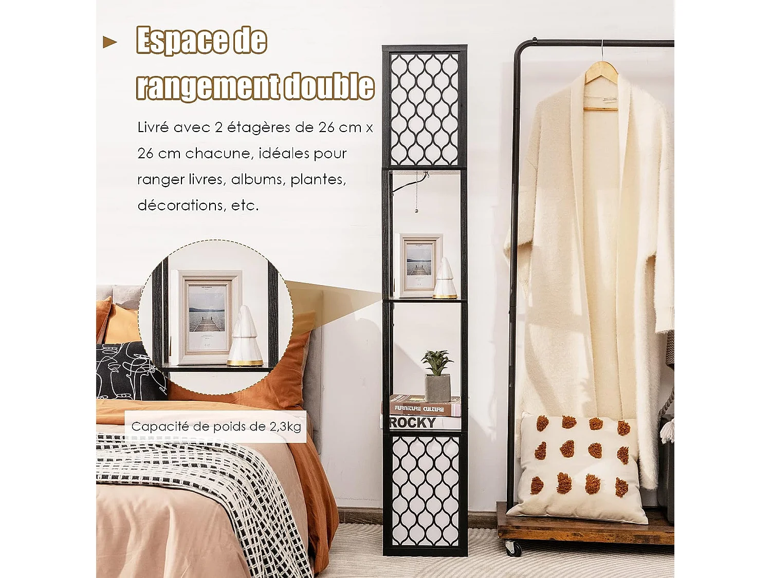 Lampadaire en bois 1,56m à 2 etagères de stockage design scandinave double interrupteur