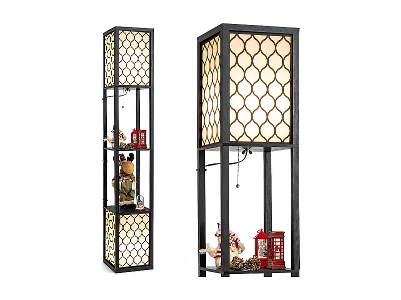 Lampadaire en bois 1,56m à 2 etagères de stockage design scandinave double interrupteur