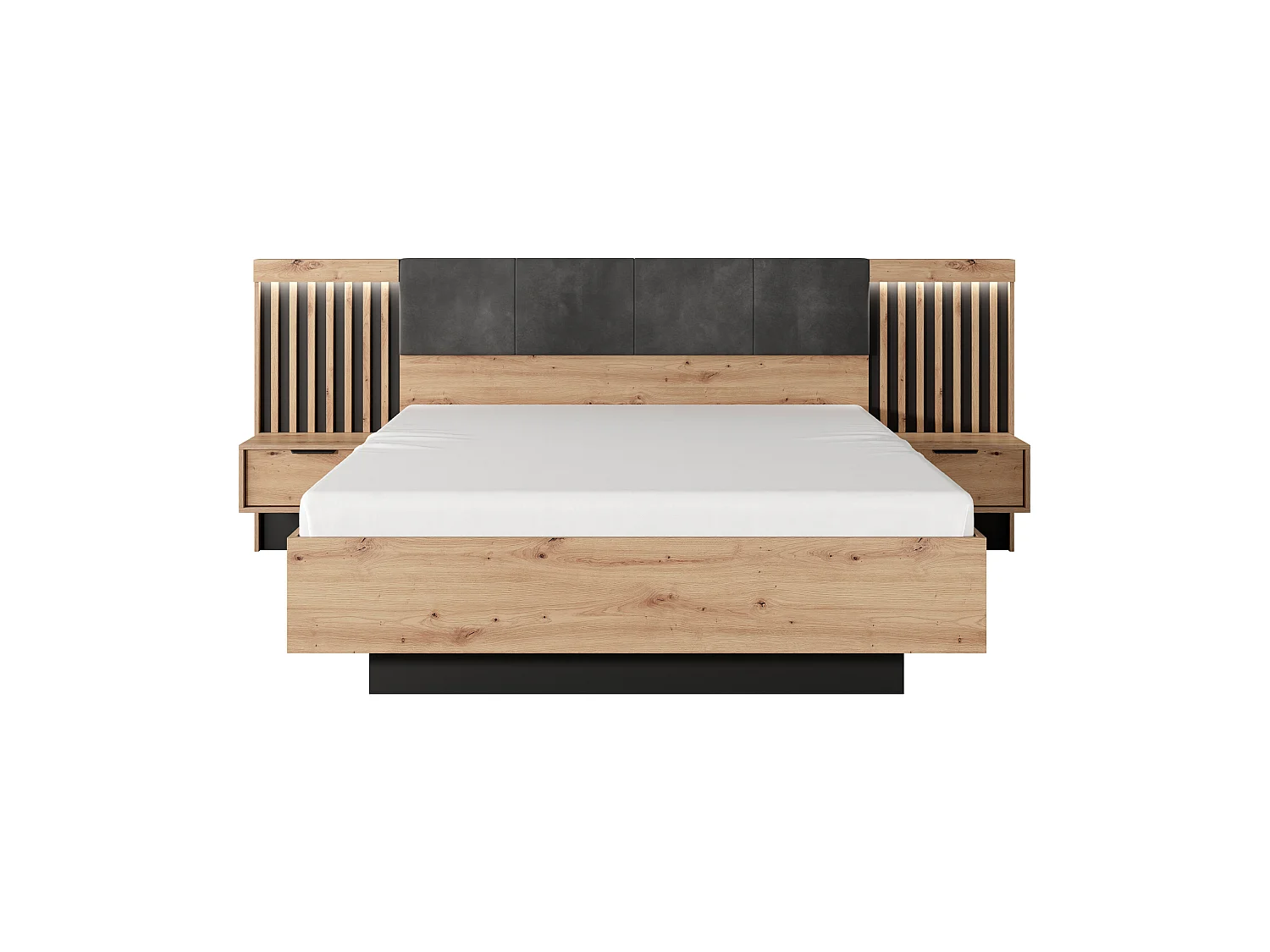 Lit coffre avec chevets 160 x 200 cm - Avec LEDs - Coloris : Naturel et noir + Matelas - ARIADA