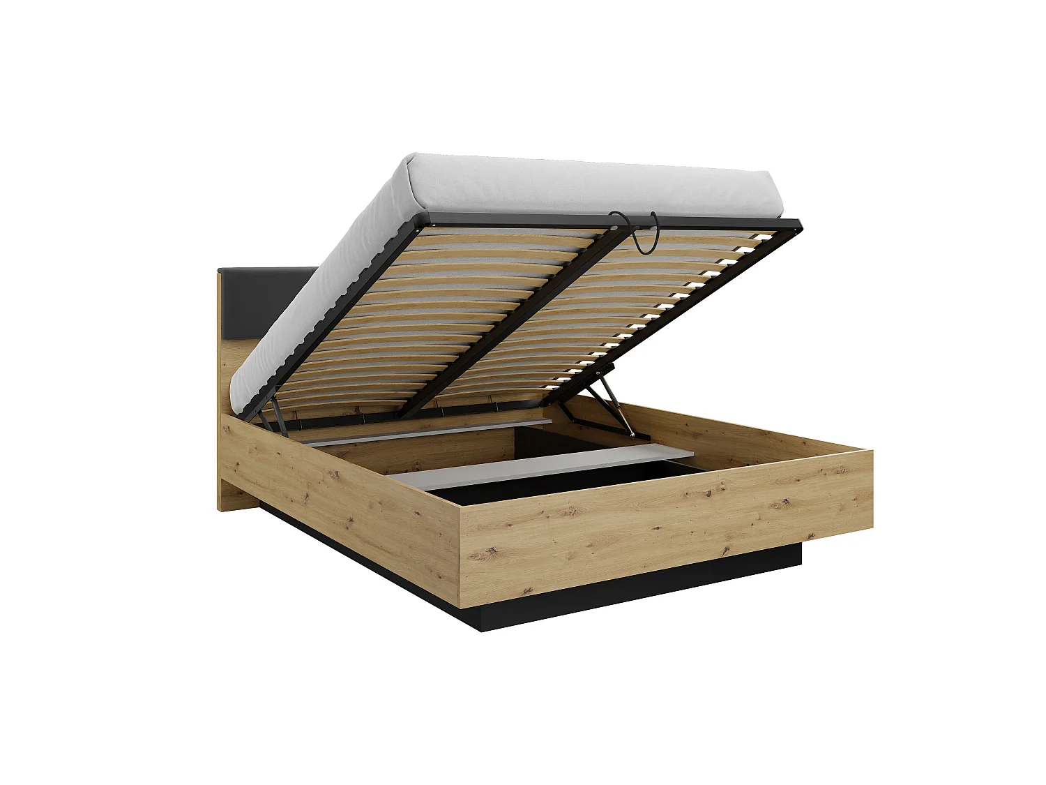 Lit coffre avec chevets 160 x 200 cm - Avec LEDs - Coloris : Naturel et noir + Matelas - ARIADA