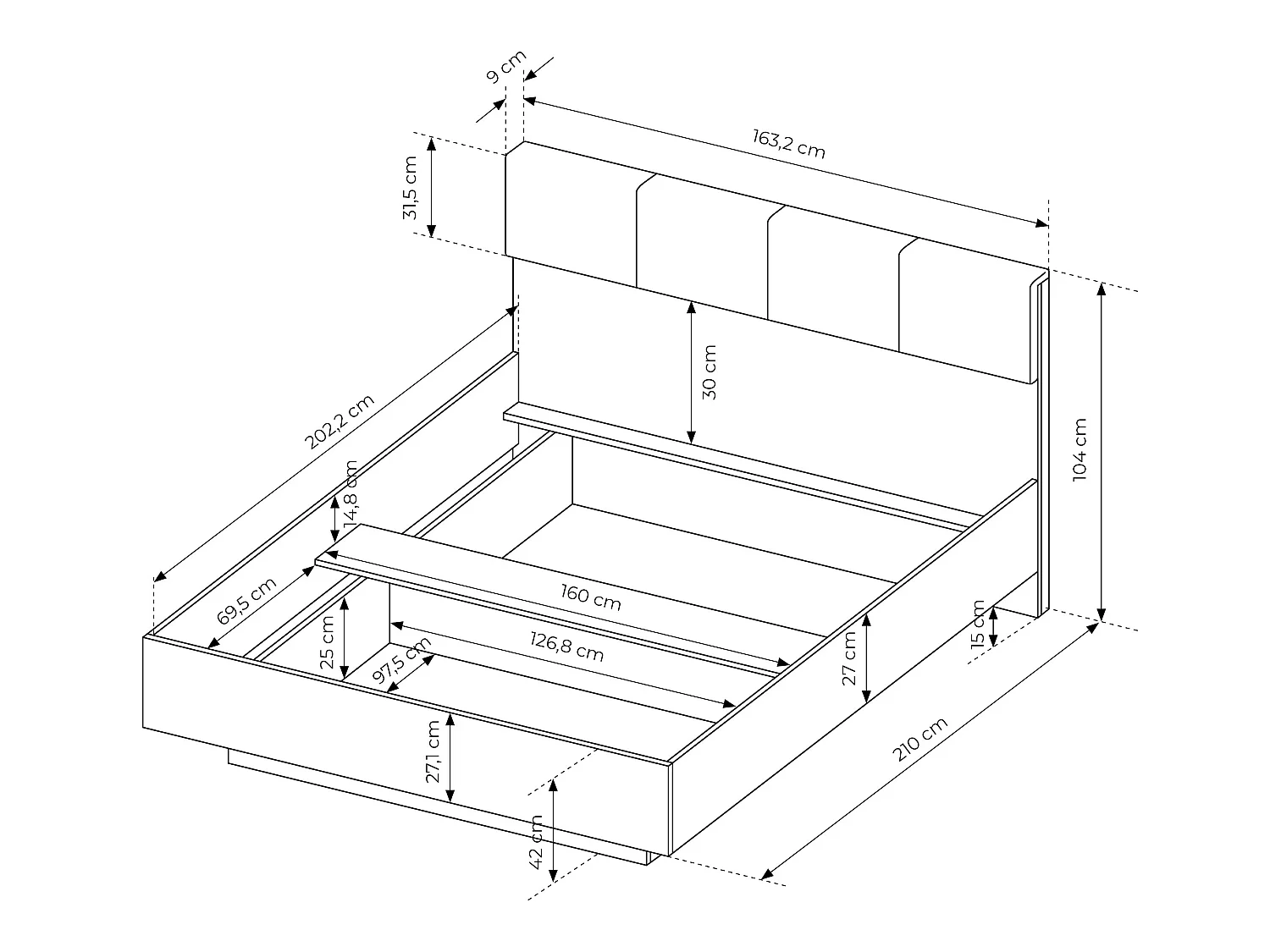 Lit coffre avec chevets 160 x 200 cm - Avec LEDs - Coloris : Naturel et noir + Matelas - ARIADA
