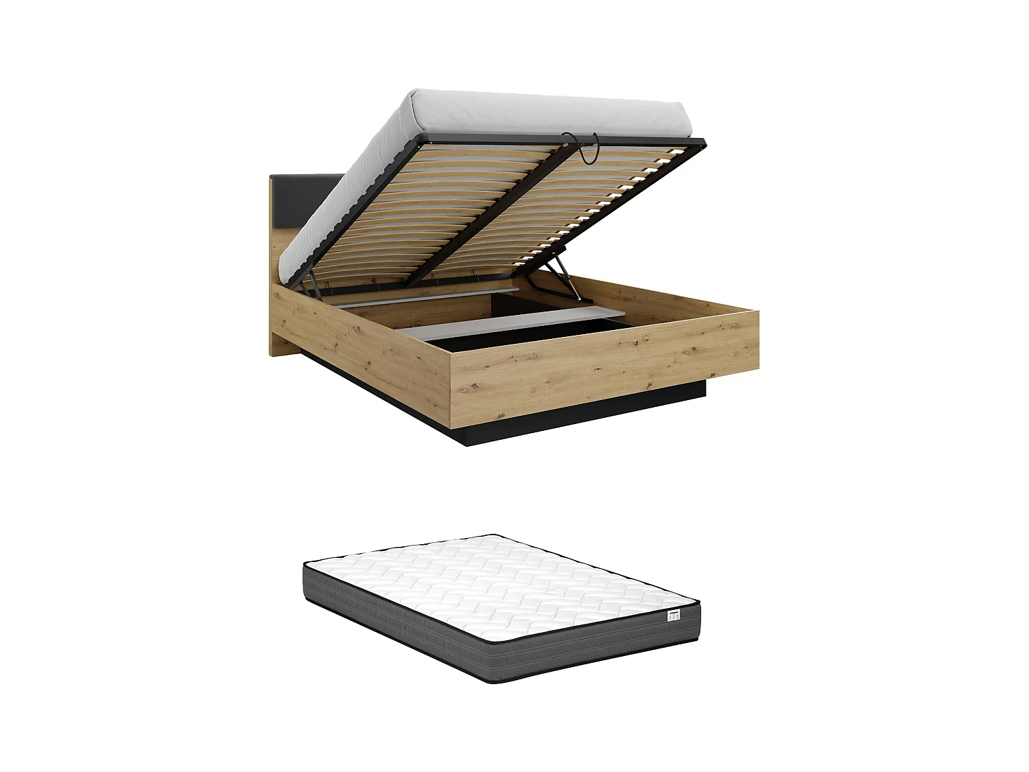 Lit coffre avec chevets 160 x 200 cm - Avec LEDs - Coloris : Naturel et noir + Matelas - ARIADA