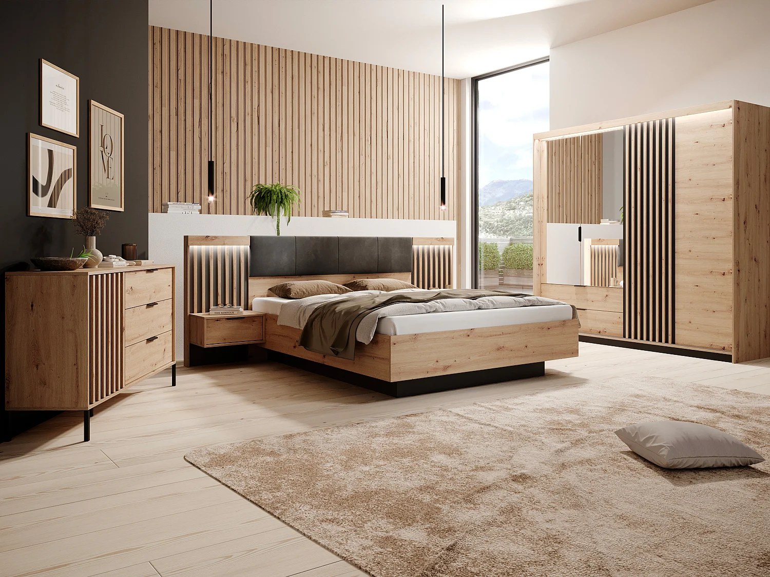 Lit coffre avec chevets 160 x 200 cm - Avec LEDs - Coloris : Naturel et noir + Matelas - ARIADA