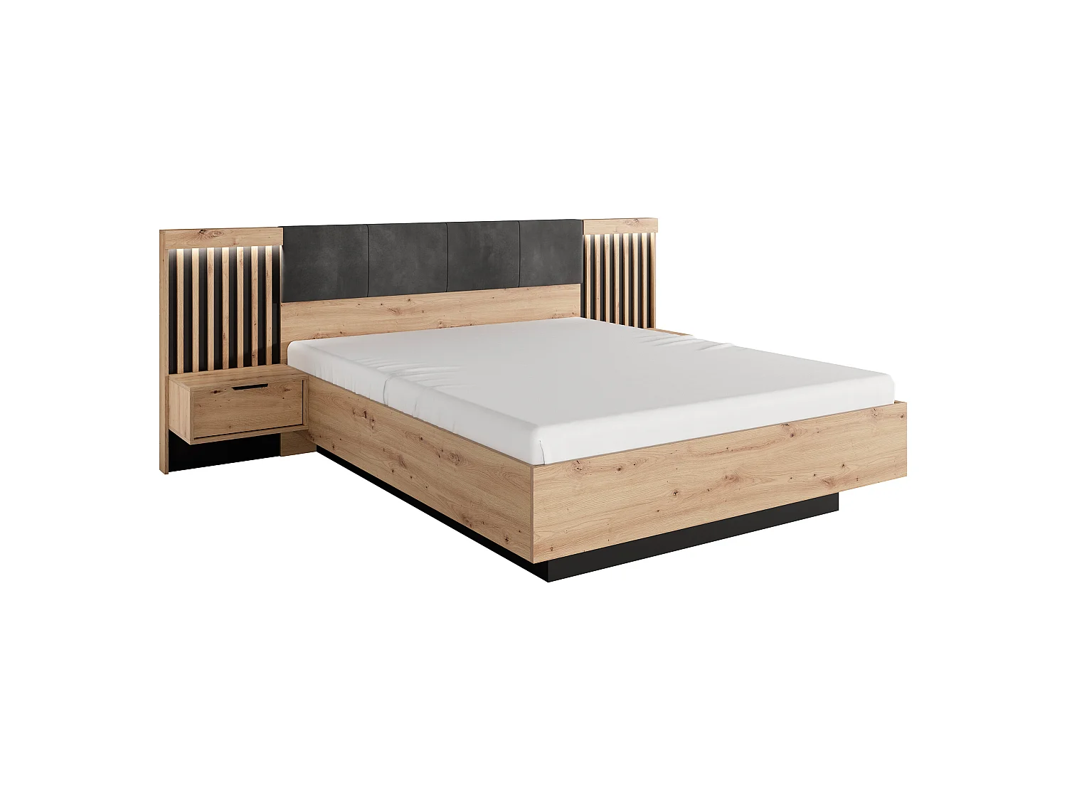 Cama con arcón con mesitas de noche 160 x 200 cm - Con luces LED - Color: Natural y negro + Colchón - ARIADA