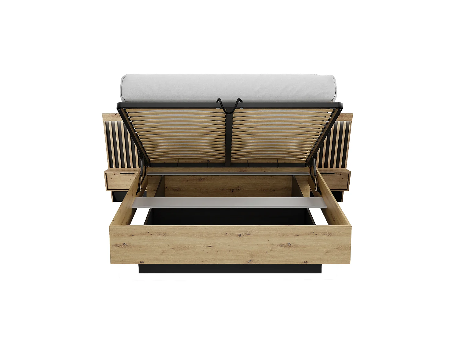 Cama con arcón con mesitas de noche 160 x 200 cm - Con luces LED - Color: Natural y negro + Colchón - ARIADA