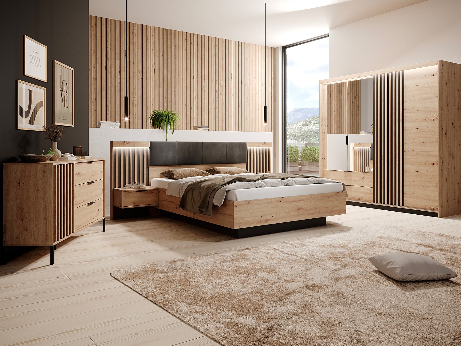 Vente-unique Bett Mit Bettkasten - Mit Nachttischen & Led-Beleuchtung + Matratze - 160 X 200 Cm - Holzfarben & Schwarz - Ariada