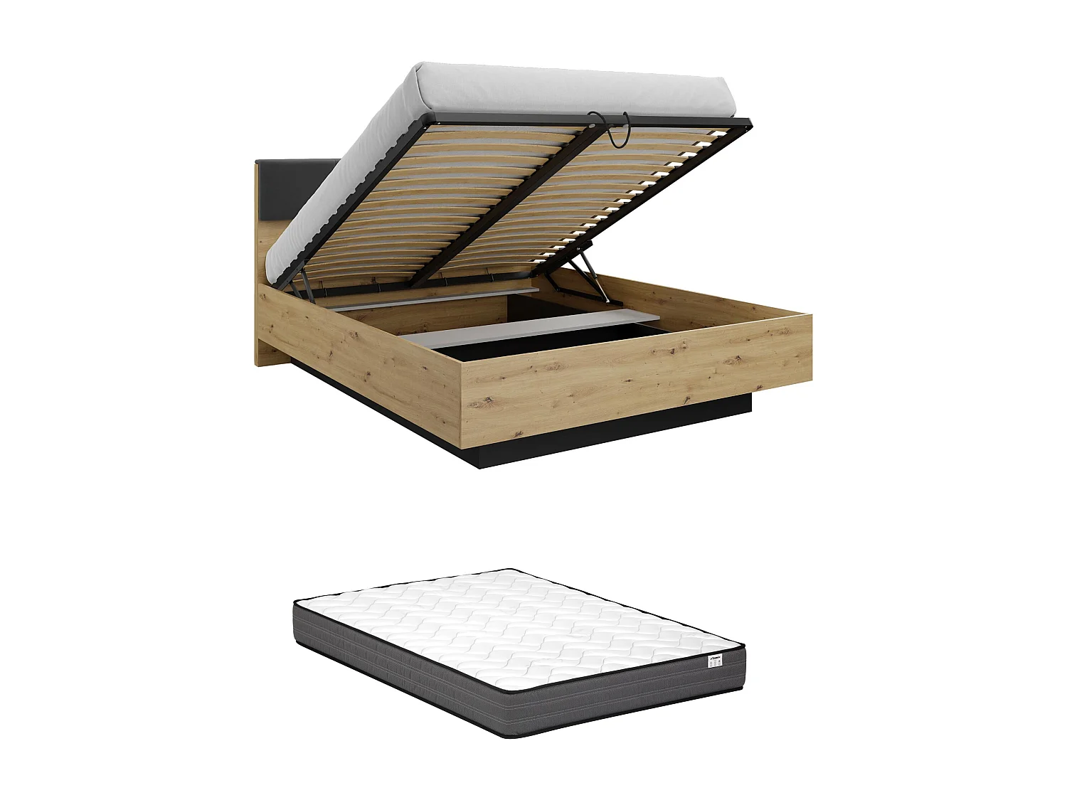 Bett mit Bettkasten - mit Nachttischen & LED-Beleuchtung + Matratze - 160 x 200 cm - Holzfarben & Schwarz - ARIADA