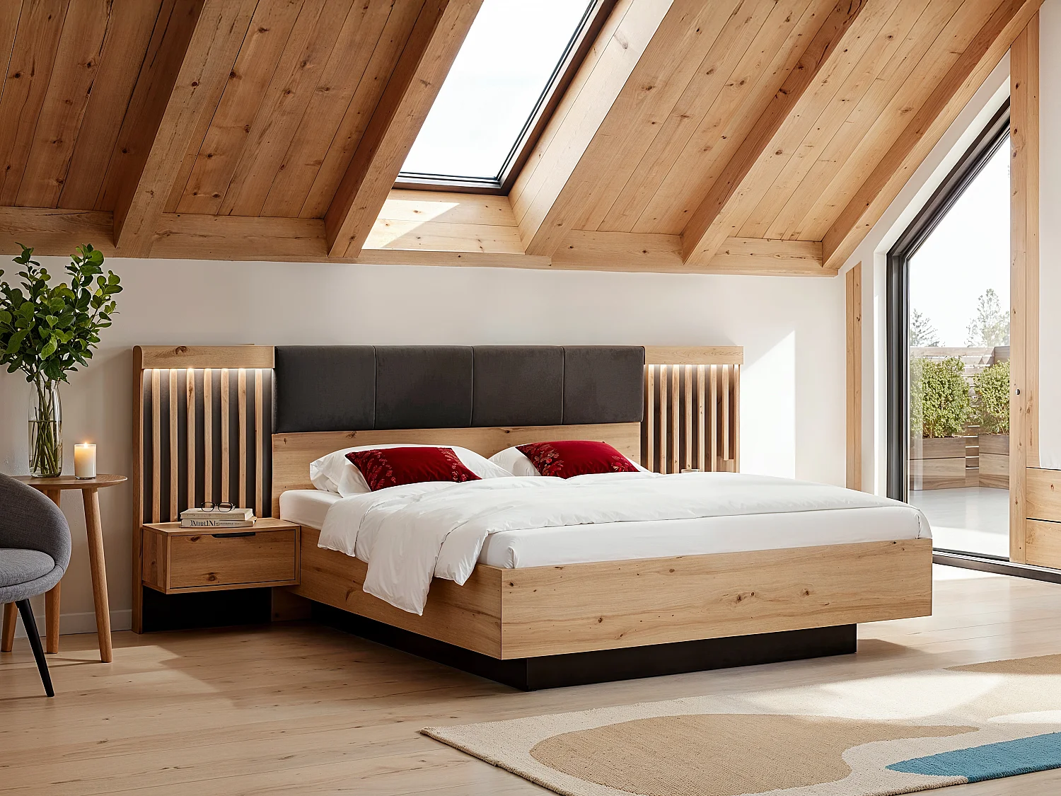 Bett mit Bettkasten - mit Nachttischen & LED-Beleuchtung + Matratze - 160 x 200 cm - Holzfarben & Schwarz - ARIADA